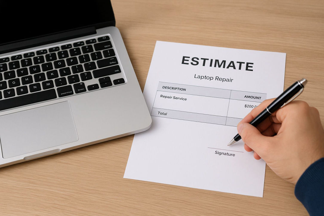 Cliente firmando hoja de presupuesto junto a laptop en reparación en CSI CDMX