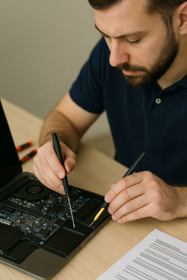 Técnico de CSI reparando el hardware interno de una laptop con herramientas de precisión