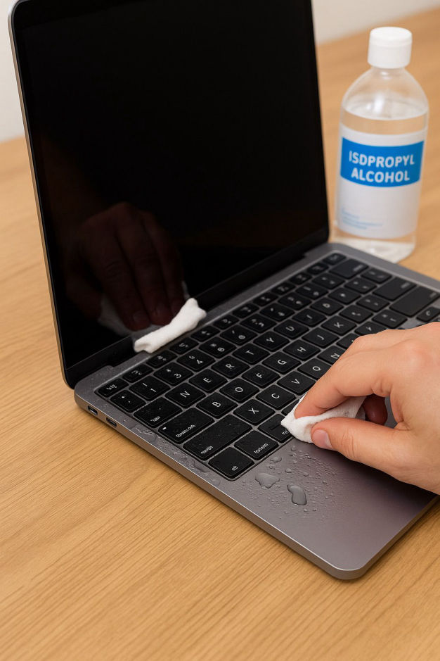 “Limpieza de laptop mojada con alcohol isopropílico tras derrame en CSI CDMX