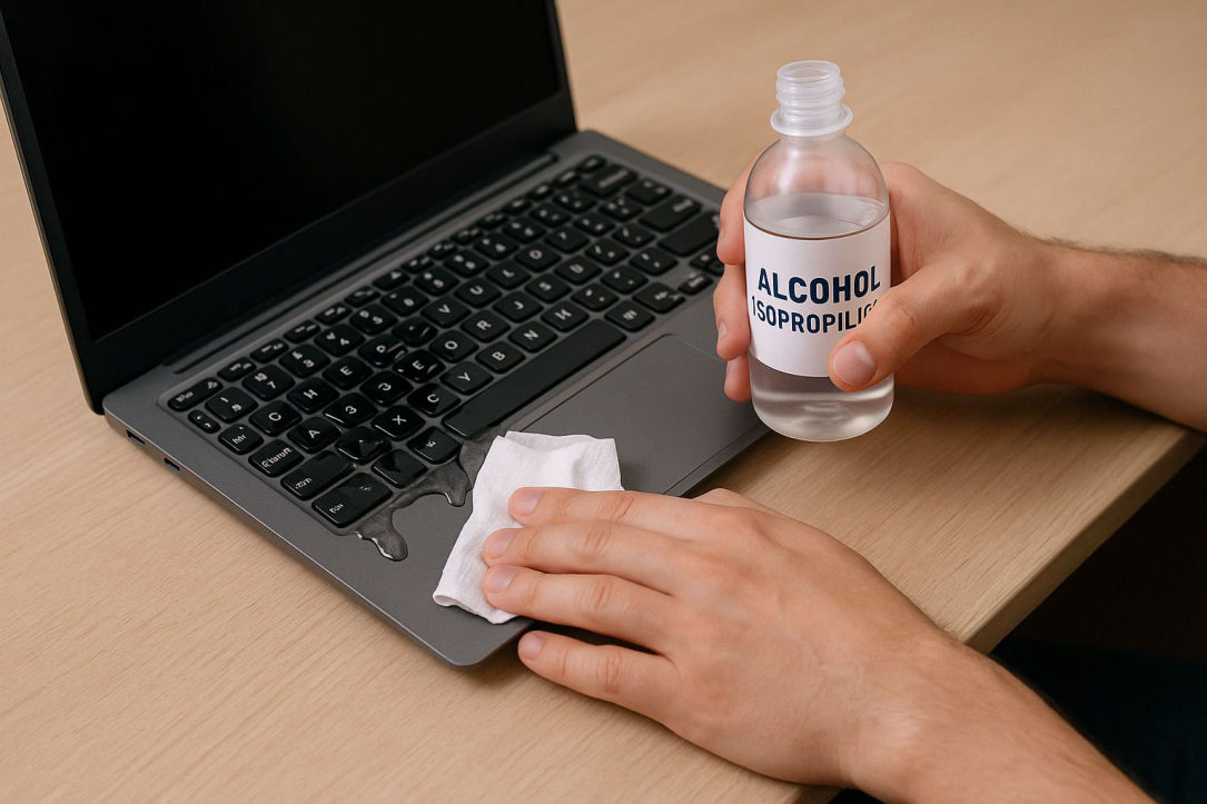 Técnico limpiando teclado de laptop mojada con alcohol isopropílico tras derrame de líquido en CSI CDMX