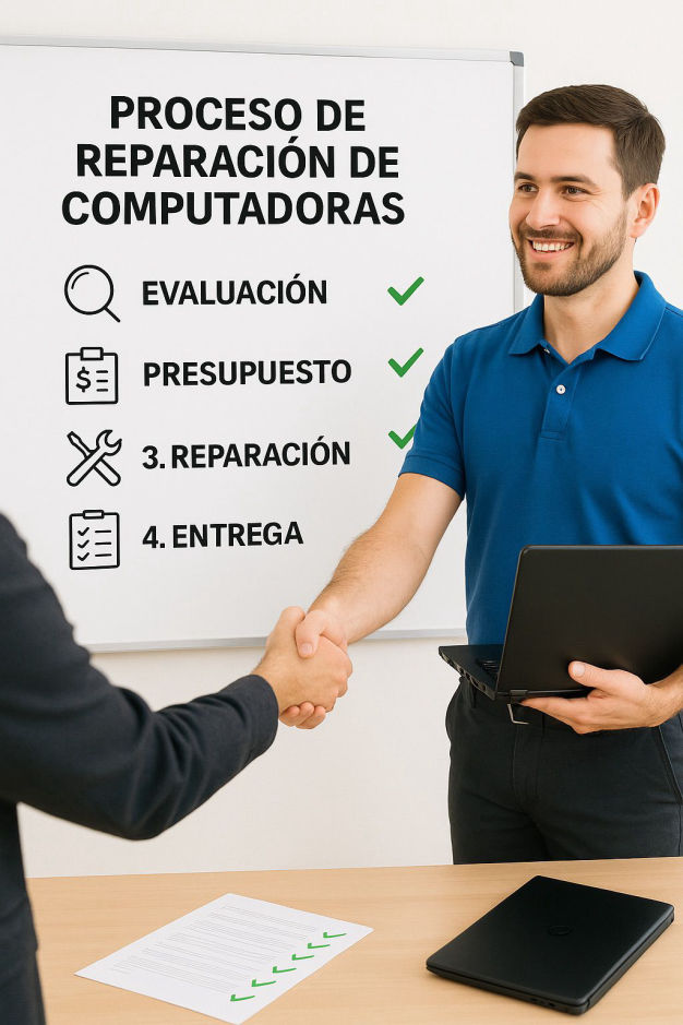 “Técnico de CSI entregando laptop a cliente frente a pizarra con pasos del proceso de reparación