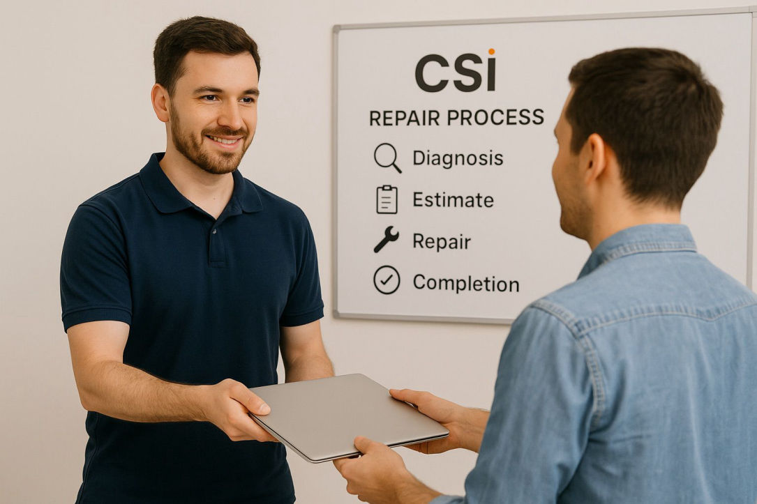 Técnico de CSI entregando laptop reparada a cliente frente a pizarra con proceso de diagnóstico, presupuesto, reparación y entreg