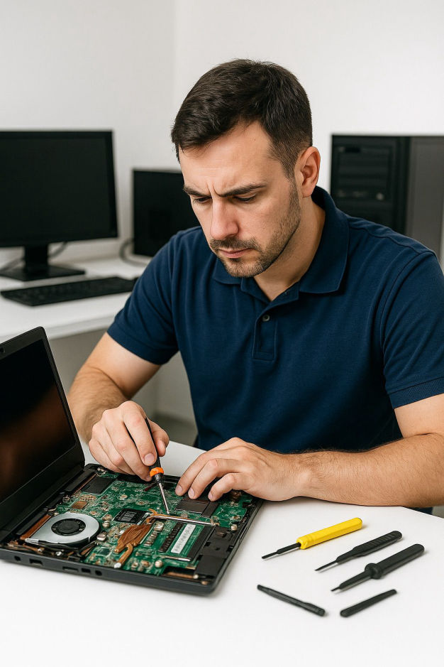 Técnico de CSI reparando laptop abierta con fallas comunes en su estación de trabajo en CDMX