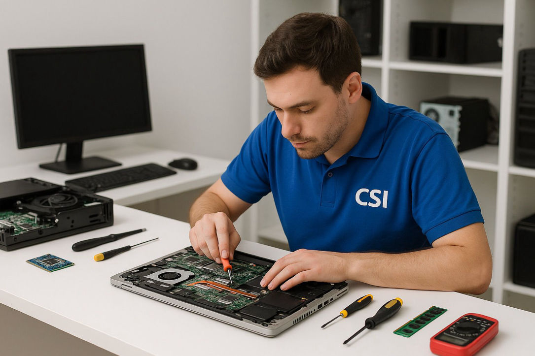 Técnico de CSI reparando laptop con herramientas sobre escritorio, solucionando fallas comunes en laboratorio de computadoras en CDMX